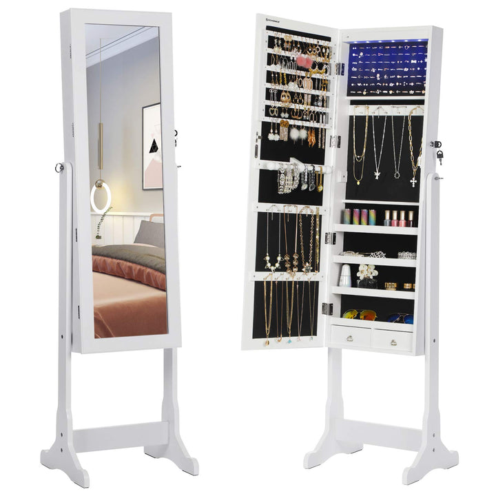 SONGMICS LED Beleuchtung Schmuckschrank, mit Spiegel, 4 Ablagen und 2 kleinen Schubladen, abschliess