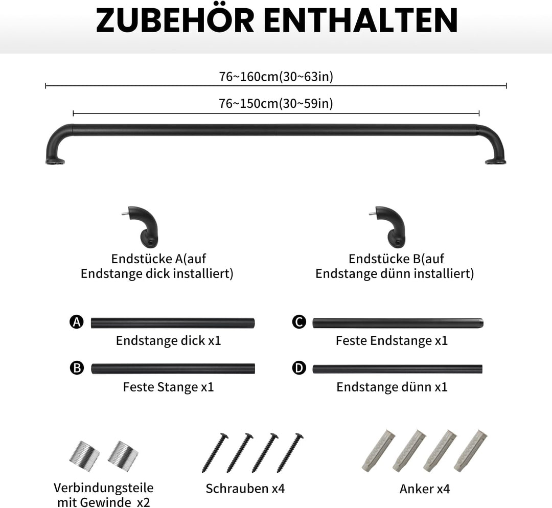 Gardinenstange Schwarz Metall Vorhangstangen Ausziehbar 76-150cm, 25mm Durchmesser Gardinenstange fü