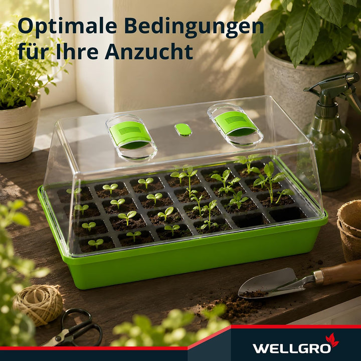 WELLGRO Anzuchtschale - Zimmergewächshaus mit belüftbarer Abdeckhaube und Pflanzschildern - 1, 2 ode