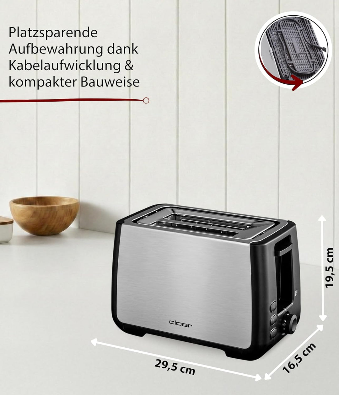Cloer 3569 King-Size-Toaster für 2 XXL Scheiben, Check-Funktion, Edelstahlgehäuse, 1000 Watt, schwar