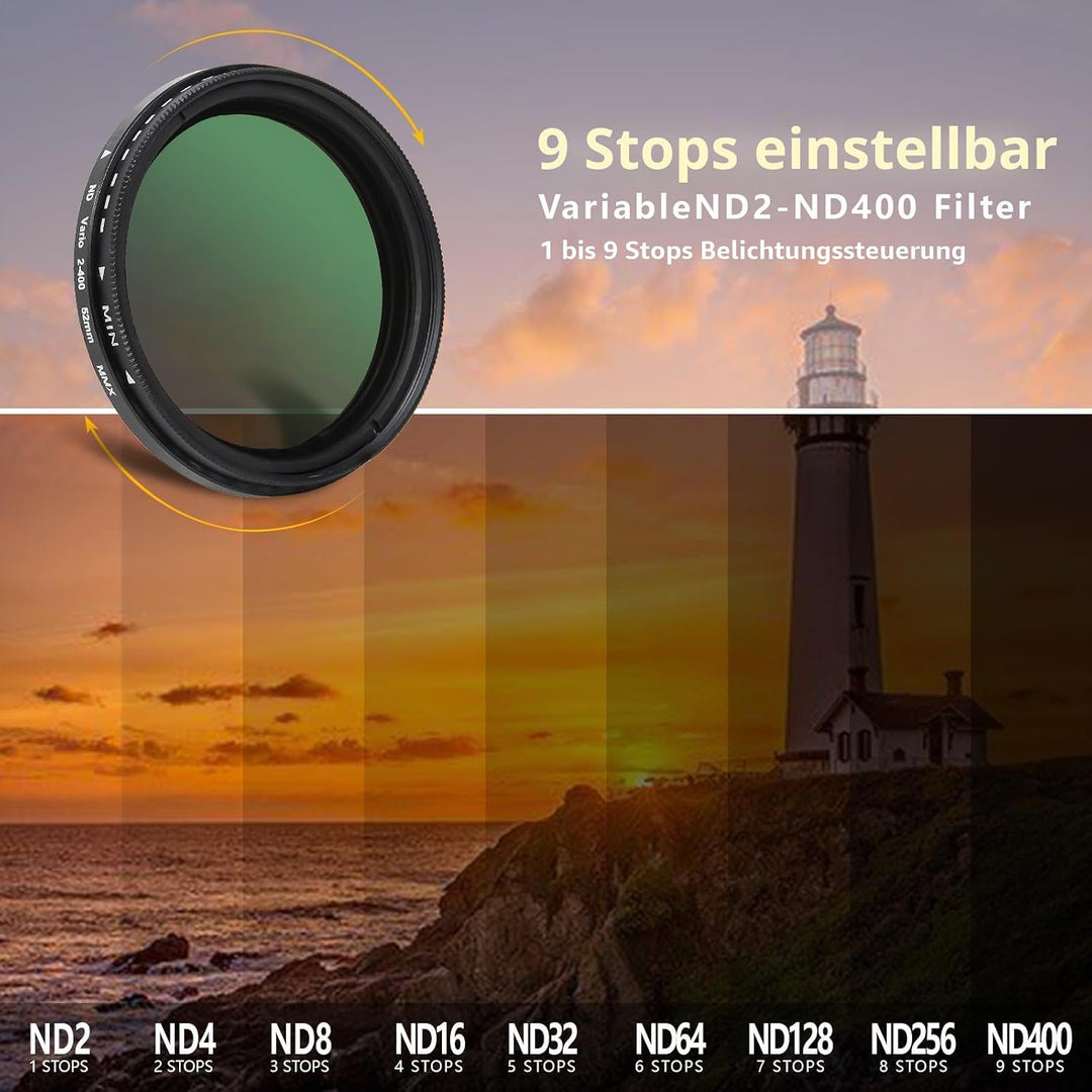 Variabler ND2-ND400-Filter, 52 mm, ultradünn, mehrfach beschichtet, verstellbar, Neutraldichtefilter