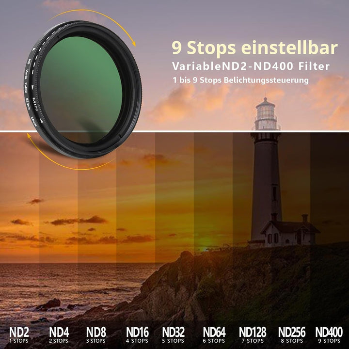 Variabler ND2-ND400-Filter, 52 mm, ultradünn, mehrfach beschichtet, verstellbar, Neutraldichtefilter