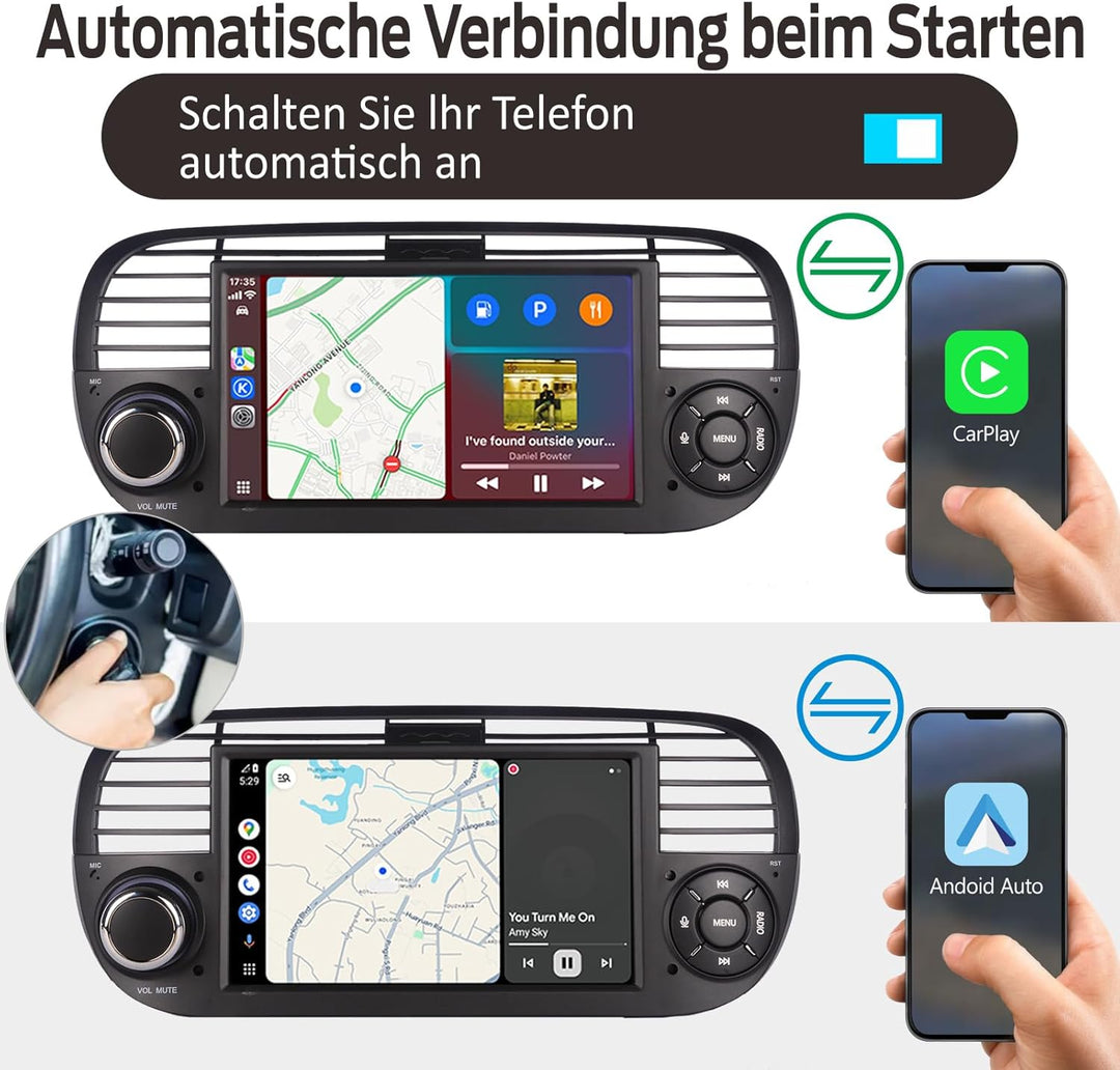 Linux Autoradio Blitzstart für Fiat-500 2007-2015 | Plug & Play | Wireless CarPlay/Android Auto/Blue