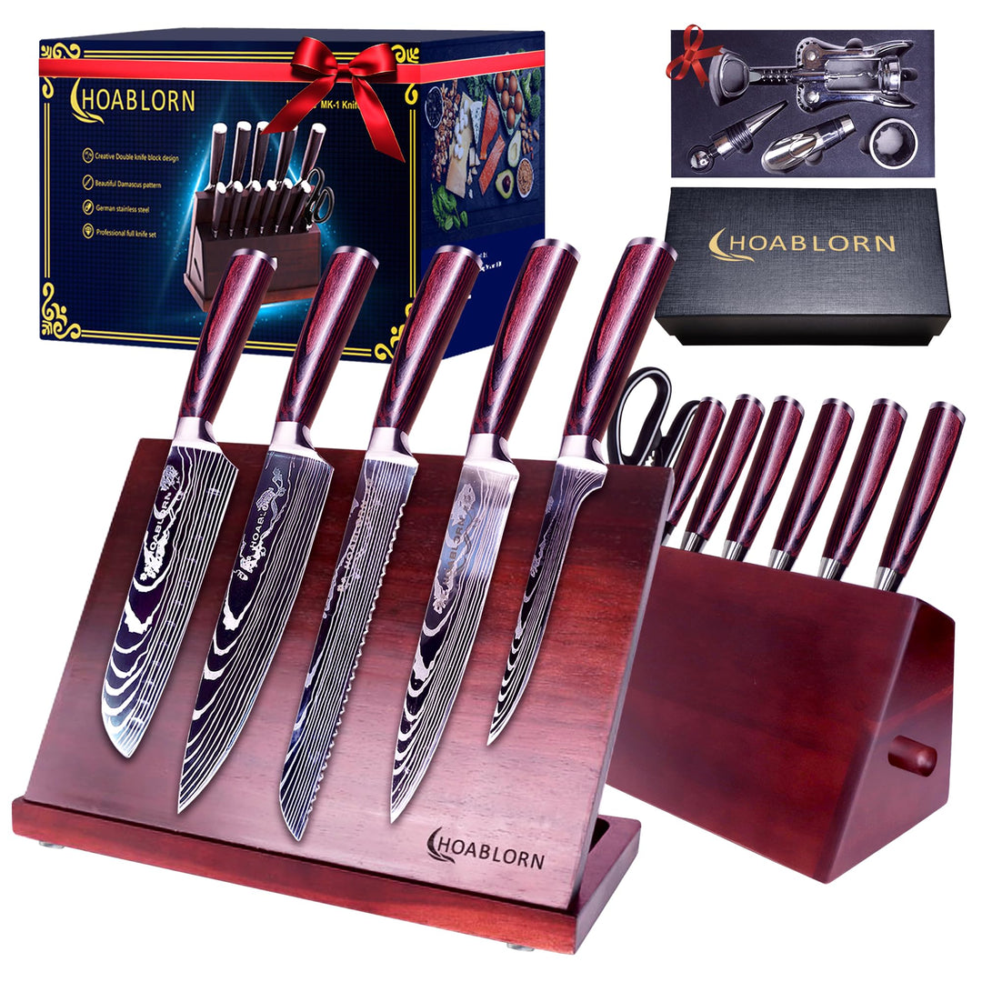 ChefHoablorn Küchenmesser Set mit Block 15pcs Messerblock mit Messer Akazienmesser Halter mit Starke