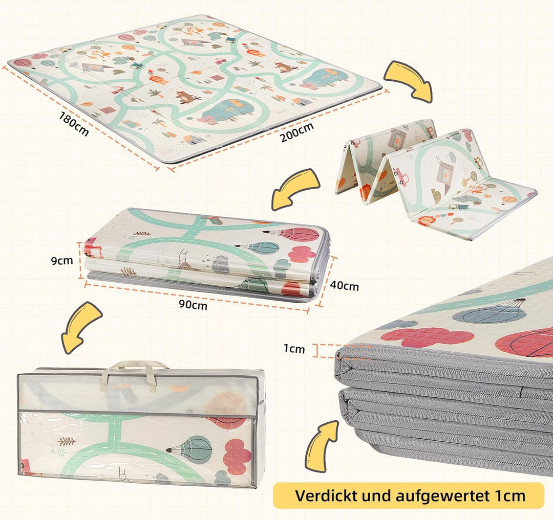 Krabbelmatte Baby 180x200 cm, Faltbare Spielmatte 1.0 cm Dick XPE, Weich & Rutschfest, Wasserdicht A