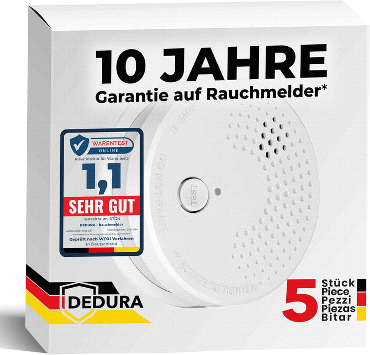 Rauchmelder 5er Set mit 10 Jahre Garantie BSI Zertifiziert nach DIN EN14604 inkl. 9V Batterie Rauchw
