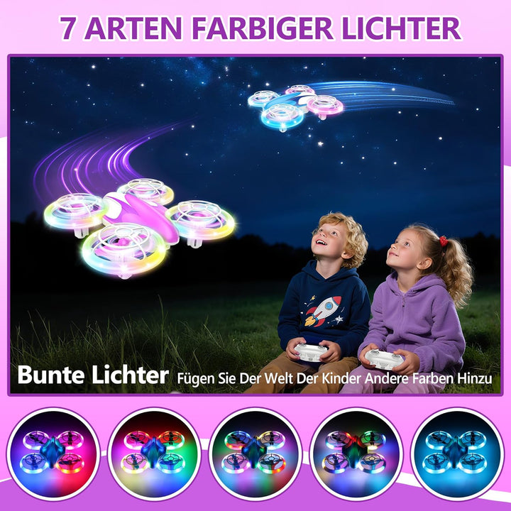 Mini Drohne für Kinder Spielzeug ab 6+ Jahre, Mini Drone Set mit 7 LED Lichteffekte, 3 Akkus, Indoor
