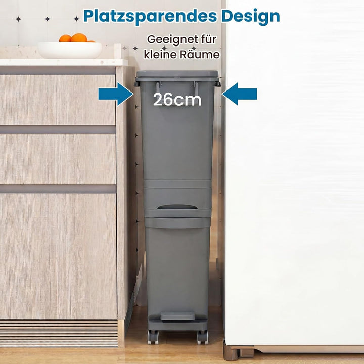 COSTWAY Mülleimer 3 Fächer, 32L Abfalleimer mit neigbarem Behälter, Schublade & Aufkleber, Tretmülle