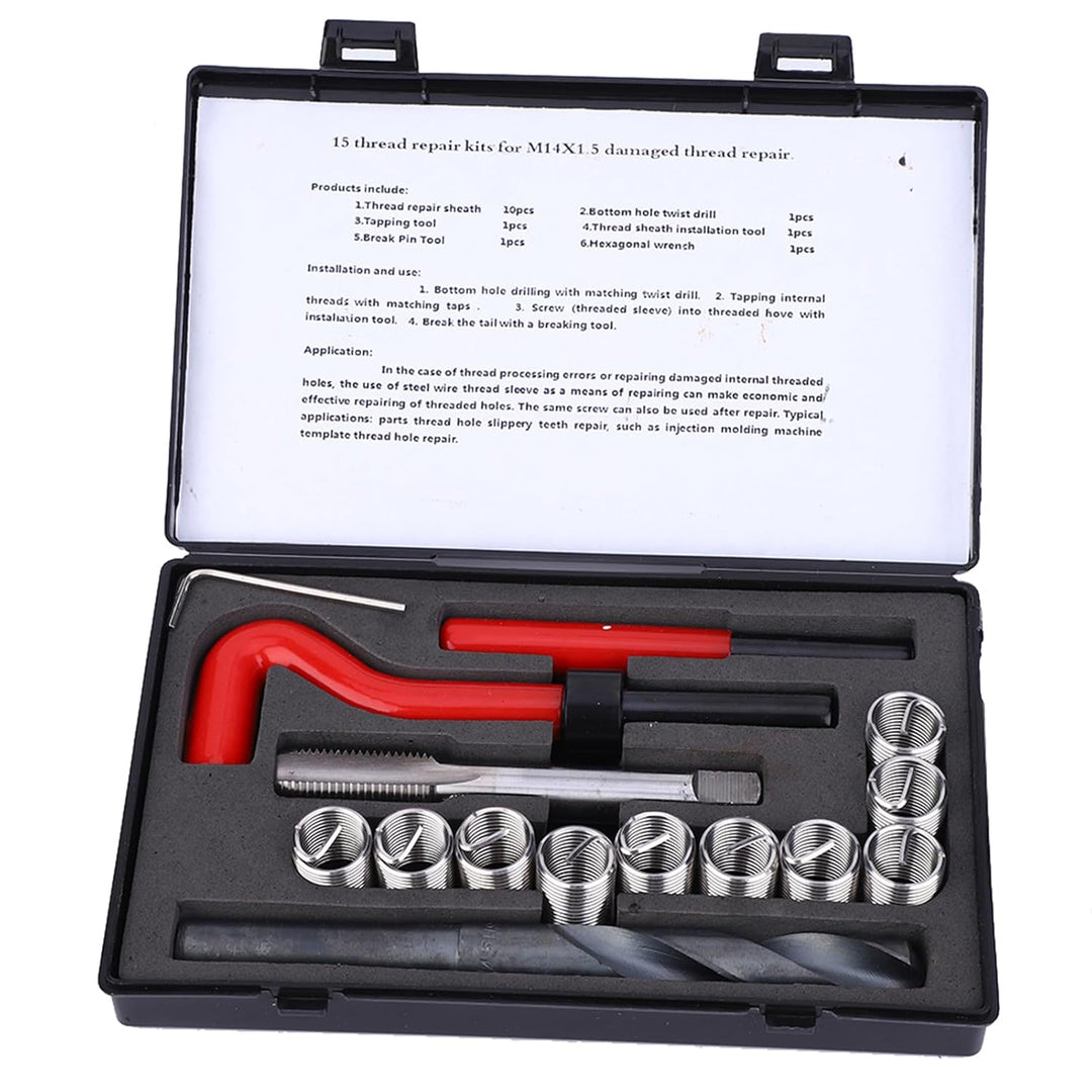 15 Stück Gewindeeinsätze M14x1.5 Innengewinde Reparatur Zubehör Sortiment Kit Bohren Helicoil Repara