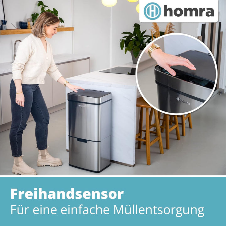 Homra® Nexo Mülleimer mit Sensor Edelstahl - Automatischer Mülleimer Sensor mit 3+1 Fächern - Mülltr