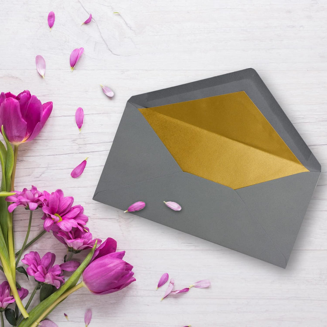 100 Brief-Umschläge DIN Lang - Graphit/Dunkel-Grau mit Gold-Metallic Innen-Futter - 110 x 220 mm - N