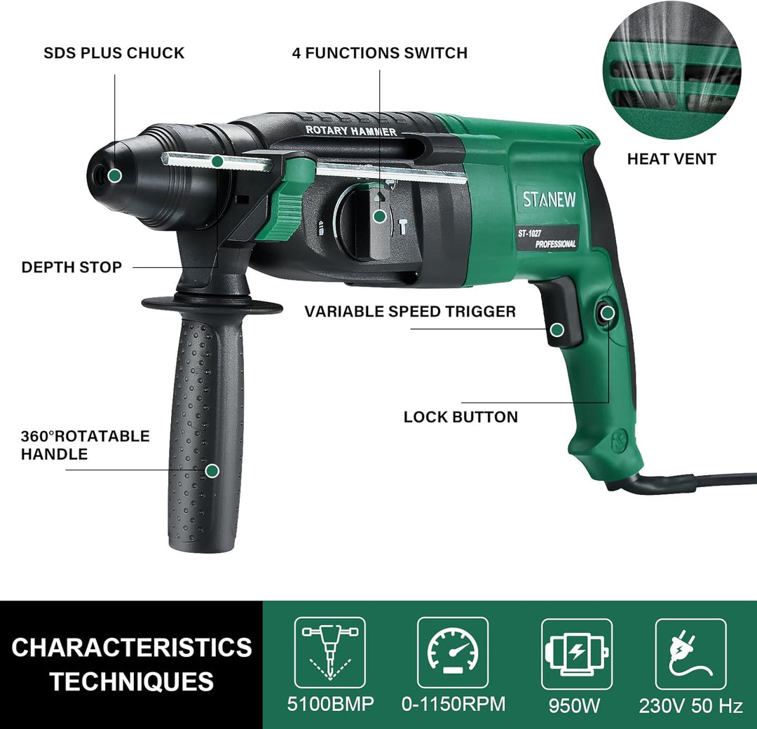 STANEW Bohrhammer 950 W SDS Plus, 0–1150 U/min/5100 BPM, Bohrmaschine mit 4 Funktionen & Sicherheits