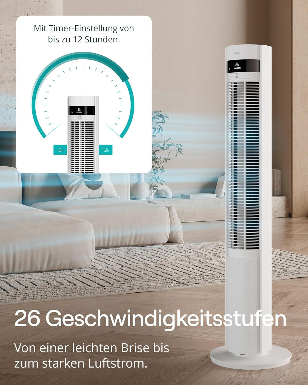 Duux Elevate Turmventilator – 12 Geschwindigkeiten, 80° Oszillation, Nur 25 dB, Ionisator, Timer (1–