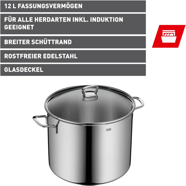 Silit Gemüse- Suppentopf Induktion 28cm, Glasdeckel, Topf hoch 12l, Edelstahl poliert, unbeschichtet