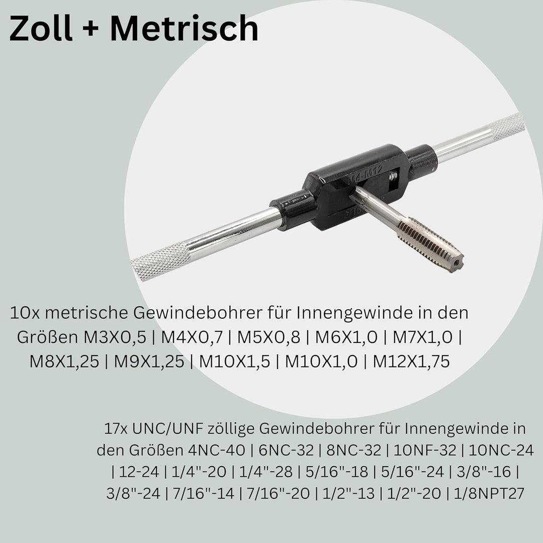 Gewindeschneider Set | 60 teilig | metrisch | Zoll | Komplettset | UNC-Grobgewinde | UNF-Feingewinde