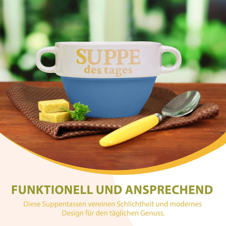 Riya 6er Set Suppentasse Blau aus Keramik Ø 13 cm mit Henkel – Hochwertige Suppenschale, Hitzebestän