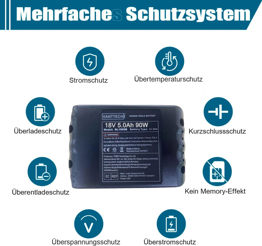 VANTTECH 2Stück 5,0 Ah Li-Ion Ersatz für Makita 18V Akku BL1850B BL1850 BL1840B BL1840 BL1830B BL183