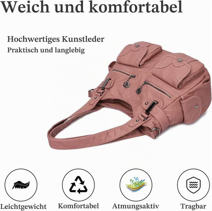 FANDARE Gross Schultertasche Damen Umhängetasche Frauen Vintage Schulranzen Wasserdicht PU Leder Wom