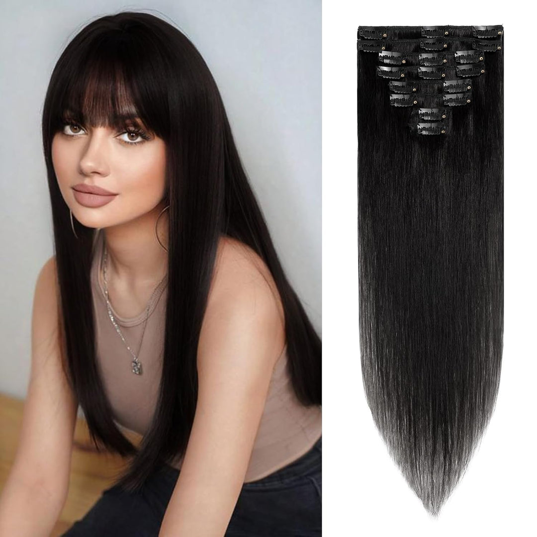 S-noilite Clip in Extensions Echthaar Tiefschwarz Haarverlängerung Echthaar Clip in Extensions Remy