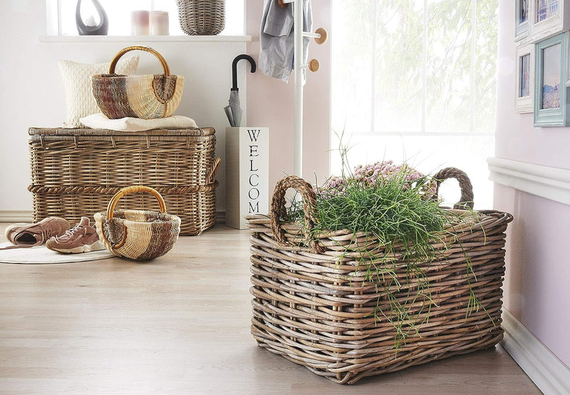 Kobolo Henkelkorb Bügelkorb Einkaufskorb geflochten Rattankorb natur mit braunem Seegras