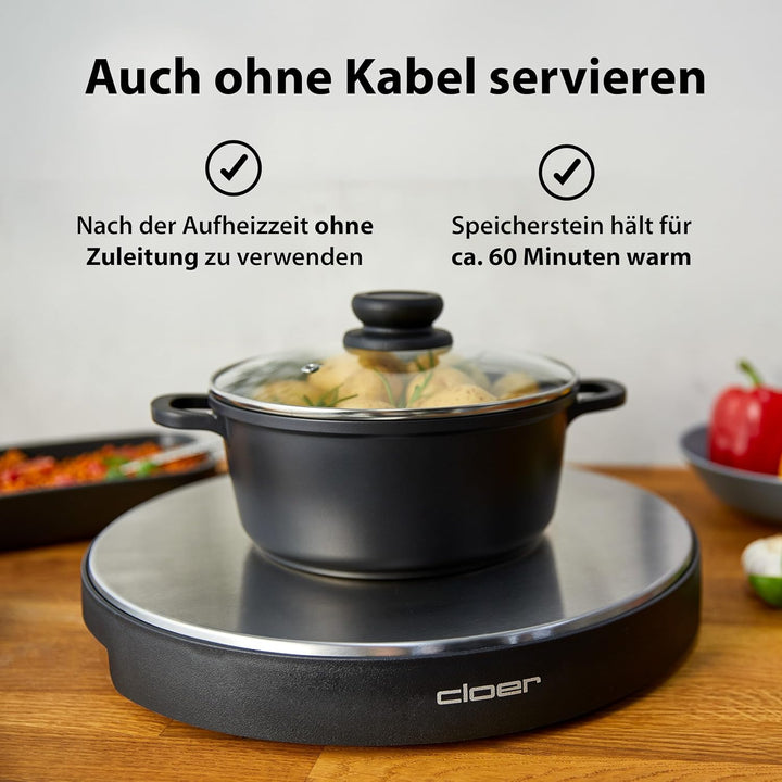 Cloer 6718 Warmhalteplatte mit Speicherstein, warmhalten von Speisen, 5 min Aufheizzeit, Temperatur
