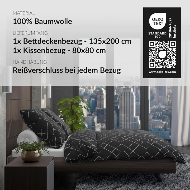LARAWELL Bettwäsche 135x200 Baumwolle ganzjahres Bettwäsche-Sets anthrazit grau diagonal Premium Ant