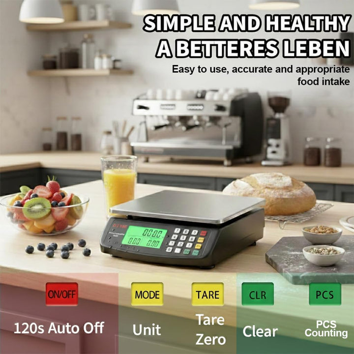 30kg/1g Digitale Küchenwaage, Edelstahl Gastronomie Essenswaage mit Preiskalkulation, Tara Funktion,