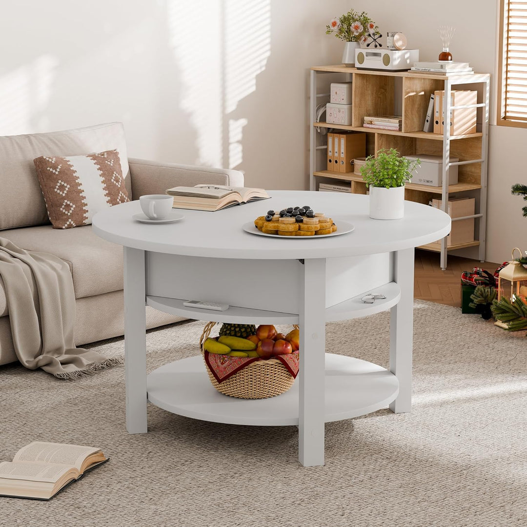 ELUCHANG Couchtisch Rund mit Hebeplatte, Couchtisch Höhenverstellbarer 2 in 1, Beistelltisch Wohnzim