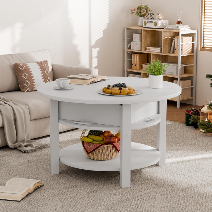 ELUCHANG Couchtisch Rund mit Hebeplatte, Couchtisch Höhenverstellbarer 2 in 1, Beistelltisch Wohnzim