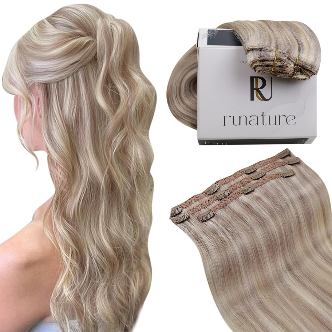RUNATURE Clip in Extensions Echthaar Blond Highlights 50cm 3Pcs Glatt Echthaar Extensions Clip Dunke