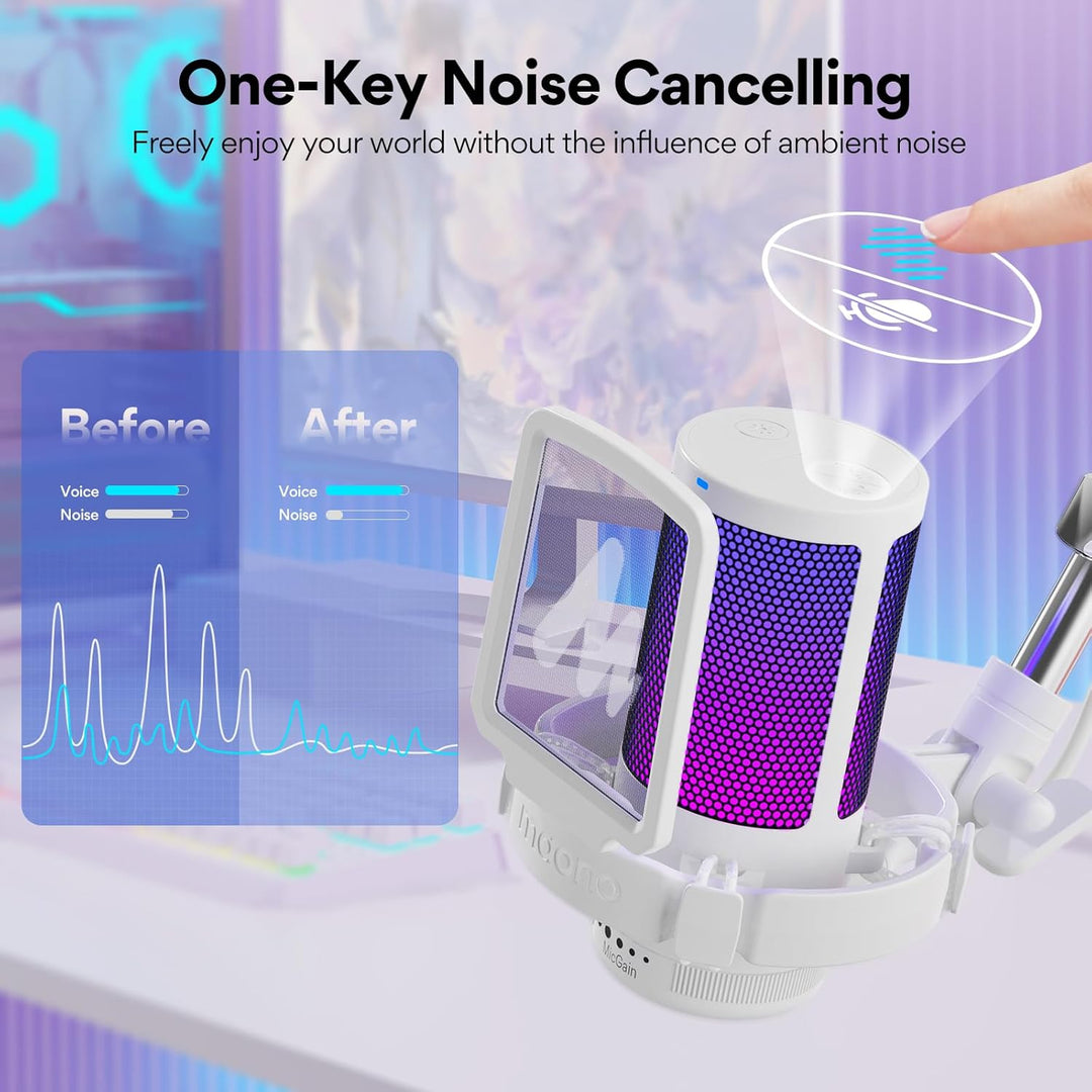 MAONO Gaming Mikrofon, USB Microphone mit RGB-Licht, Geräuschunterdrückung, Stummschaltung, Gain, Ga