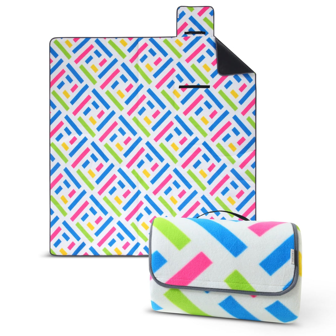 wometo eco-line nachhaltige Picknickdecke XXL 200x200 Grafik blau pink grün | 100% recyc. Fleece iso
