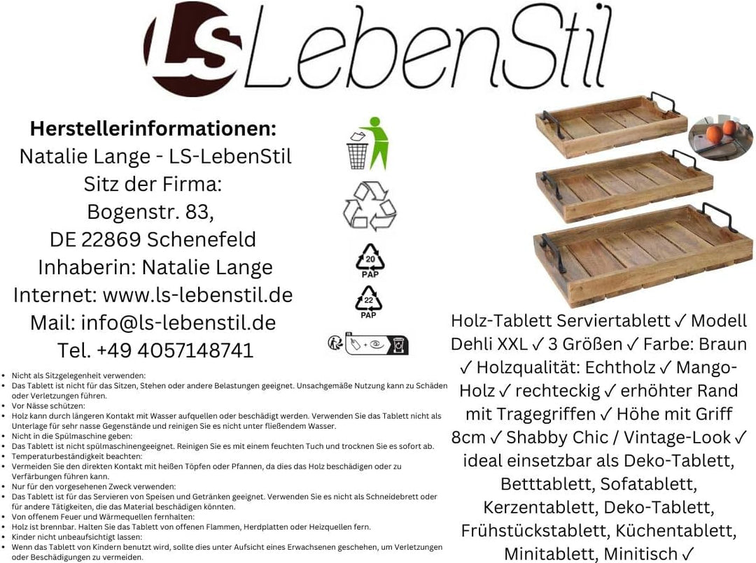 LS-LebenStil XXL Mango-Holz Serviertablett 56x39x8cm Griff-Tablett Betttisch Betttablett Holztablett
