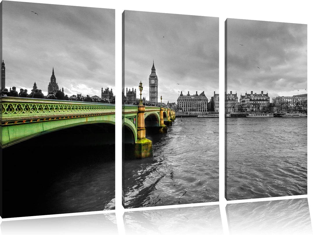 Skyline von London mit Themse und Big Ben schwarz/weiss 3-Teiler Leinwandbild 120x80 Bild auf Leinwa