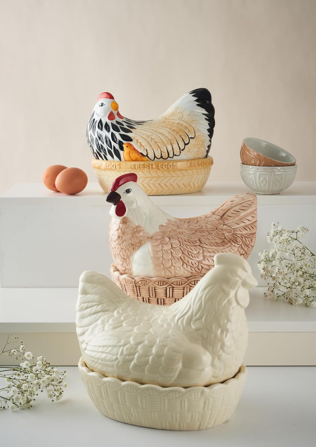 Mason Cash Keramikhuhn Eieraufbewahrung Steinzeug Creme, dekorativer, rustikaler Huhn-Eier Behälter