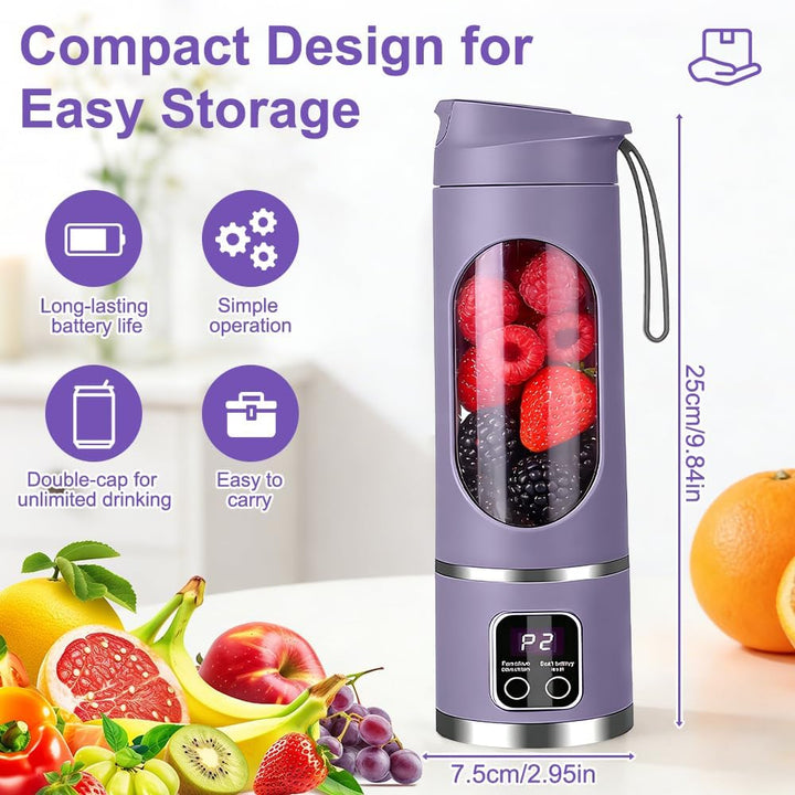 Tragbarer Mixer Smoothie Maker, 450ml USB Mini Mixer to Go mit Digitalanzeige, 12-Klingen Portable B
