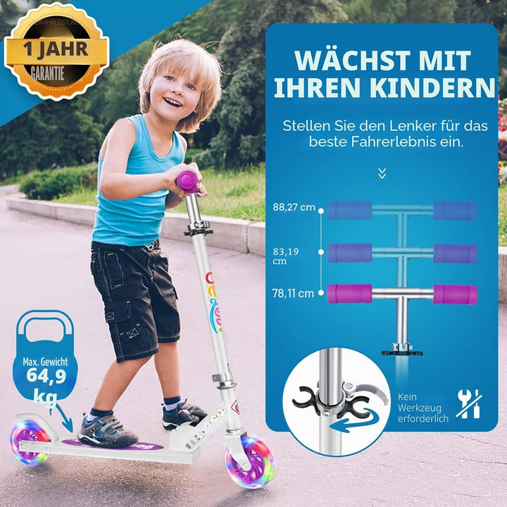 BELEEV V1 Roller Kinder 2 Räder, Klappbar Kinderroller für Mädchen Jungen, Tretroller mit LED Leucht