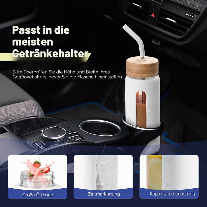 BLUEGO 700ml Glaswasserflasche mit Strohhalm und 2 Deckeln Kaffeetasse aus Glas mit Zeitmarkierung u