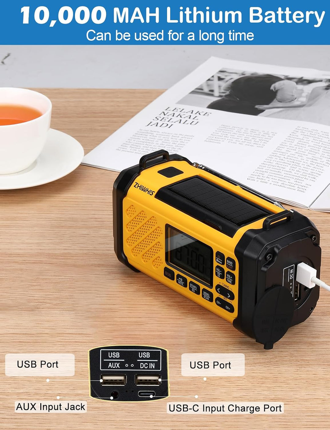 ZHIWHIS Notfall-Radio mit Bluetooth, 10000mAh FM/AM/SW/VHF/NOAA Wetterradios mit Warnungen, Handkurb