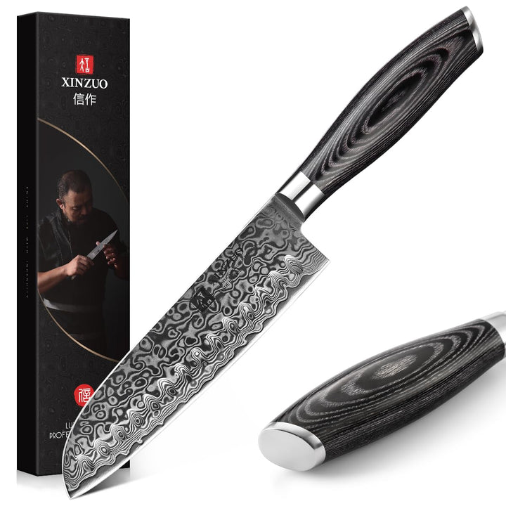 XINZUO 17,8cm Damaststahl Santokumesser, Profi Damastmesser Kochmesser Damaskus Chefmesser, Scharfe