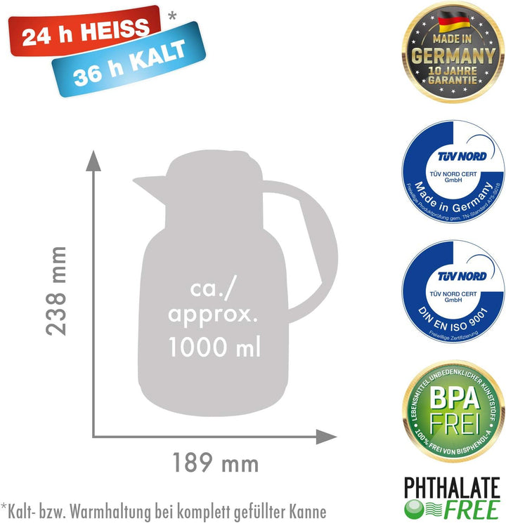 ROTPUNKT Isolierkanne 970 JENNE 1,0 l I Premium Thermokanne I Thermoflasche I hochwertig I Glaseinsa