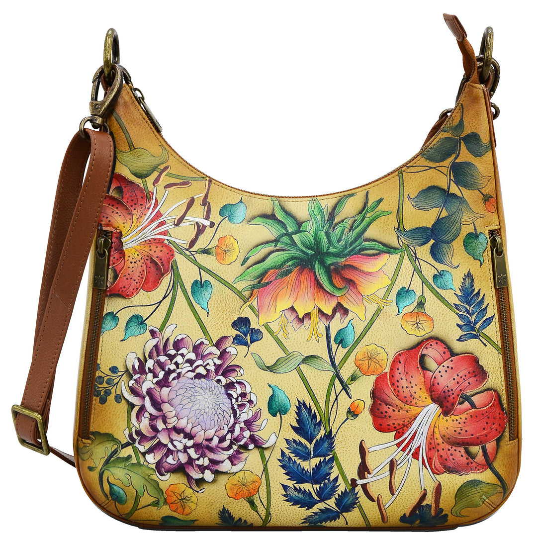 Anuschka Handbemalte Schmale Hobo Tasche, Erweiterbar, mit Crossbody Riemen Caribbean Garden, Caribb