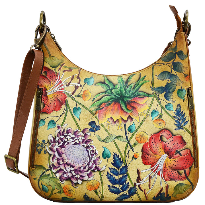 Anuschka Handbemalte Schmale Hobo Tasche, Erweiterbar, mit Crossbody Riemen Caribbean Garden, Caribb