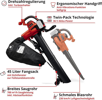 Einhell Akku-Laubsauger GE-CL 36/230 Li E-Solo Power X-Change (Lithium-Ionen, 36 V, Saug-/Blasfunkti