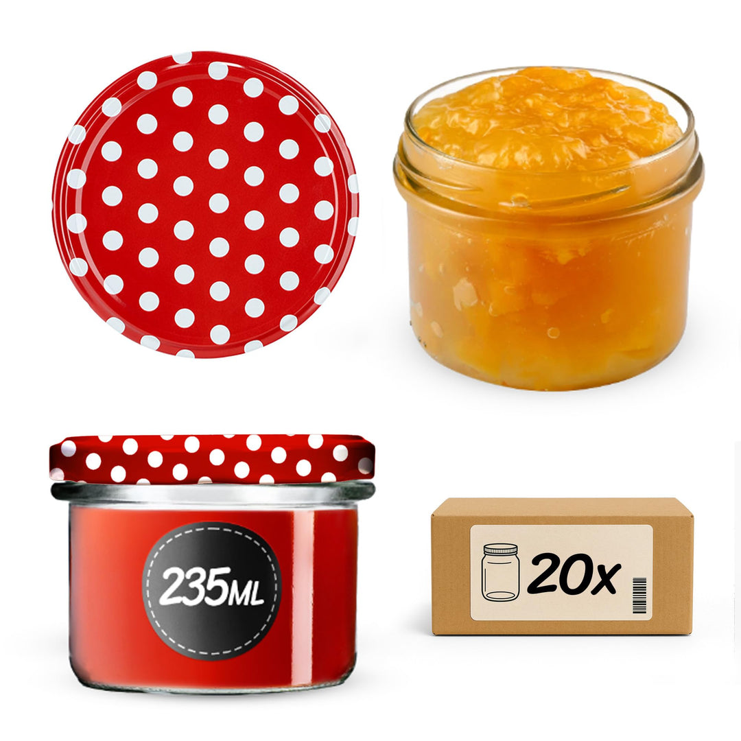 KADAX 20er Set Marmeladengläser 235ml TO82 Rot gepunktet, Einmachgläser Vorratsgläser Mason Jar mit