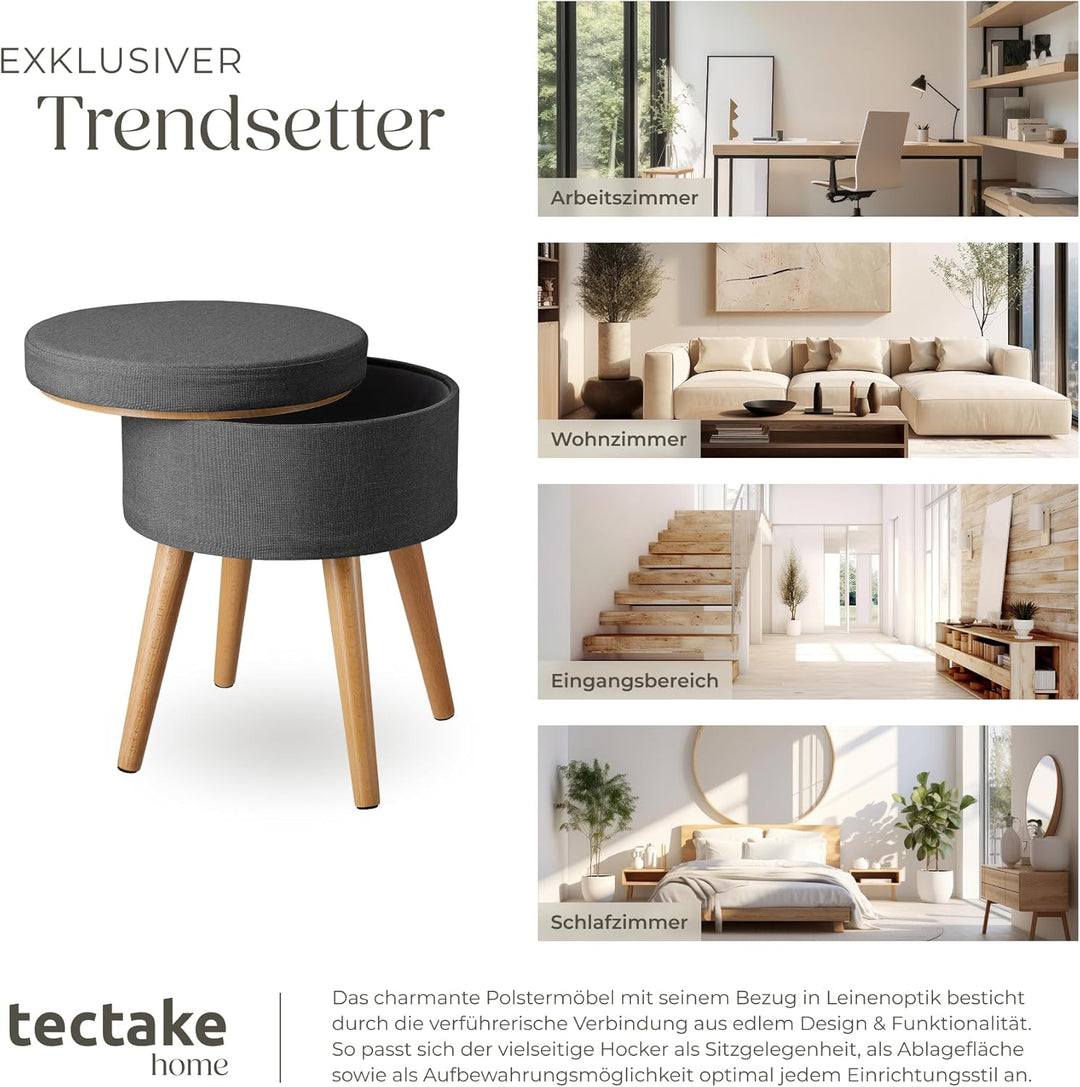 tectake 800836 Sitzhocker mit Stauraum in Leinenoptik, bis 300 kg belastbar, rund, Deckel abnehmbar,