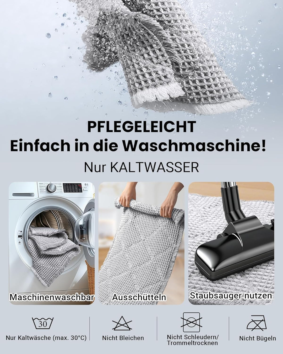 Grosses Badezimmerteppich Set 2 Teilig, Badteppich Rutschfest Waschbar, Badematte Grau, Boho Bathroo