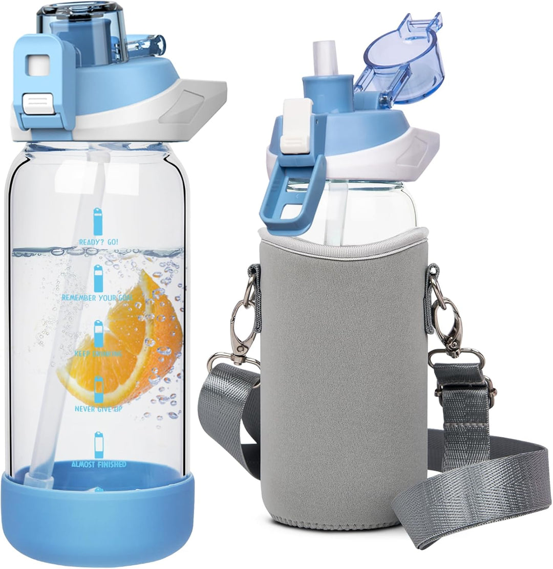 Seekua 0.6l Sport Trinkflasche Glas Flasche mit Strohhalm & Zeitmarkierung für Kinder, Schule 600ml