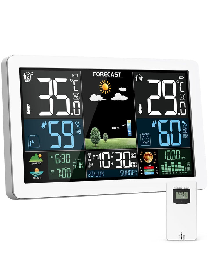 Wetterstation Funk mit Aussensensor, Farbdisplay, Wettervorhersage, Temperatur, Luftfeuchtigkeit, We
