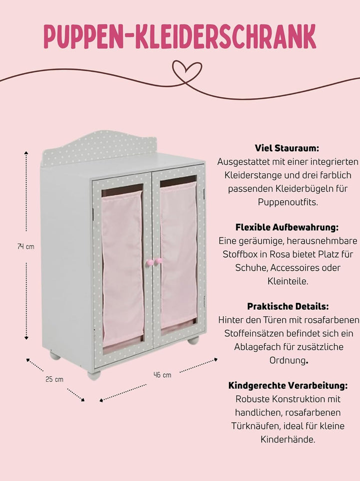 Bayer Chic 2000 524-91 Puppen-Kleiderschrank, Puppenmöbel, Puppenschrank, Puntos Grey, grau
